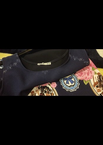 Lacivert, Desenli Kolsuz Elbise - Görsel 3