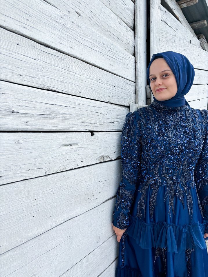 Lacivert Renkli Uzun Kadın Abiye Elbise - Görsel 4