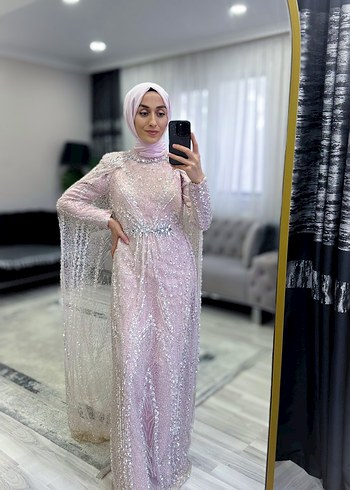 Pembe İşlemeli Uzun Kollu Abiye Elbise - Görsel 2