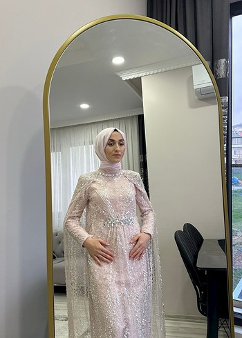 Pembe İşlemeli Uzun Kollu Abiye Elbise - Görsel 4