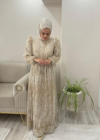 Pullu Uzun Kollu krem Abiye Elbise - Görsel 2