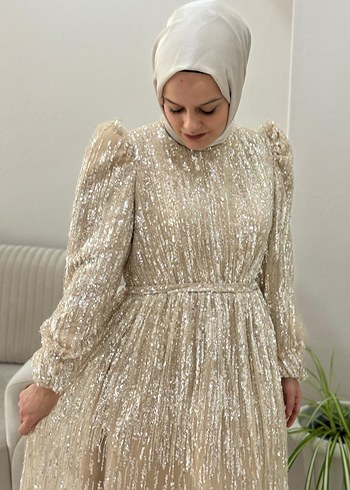 Pullu Uzun Kollu krem Abiye Elbise - Görsel 3