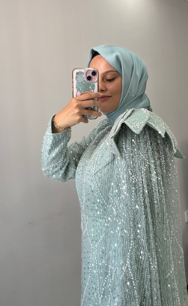 Kiralık İşlemeli Uzun Kollu Abiye Elbise - Görsel 5