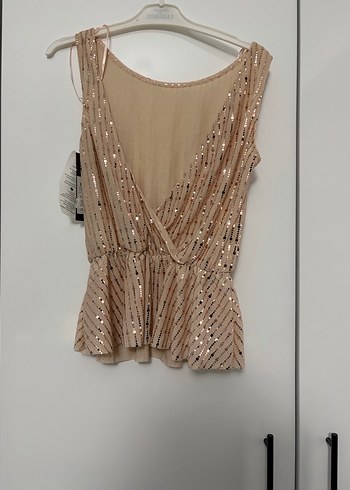 Bej pembe Mini İşlemeli Payetli Abiye bluz - Görsel 2