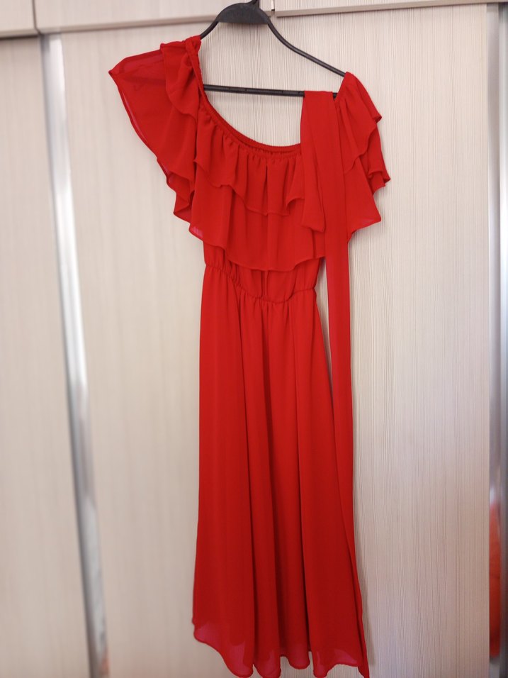 Kırmızı Volanlı Uzun Bohem Elbise - Görsel 2