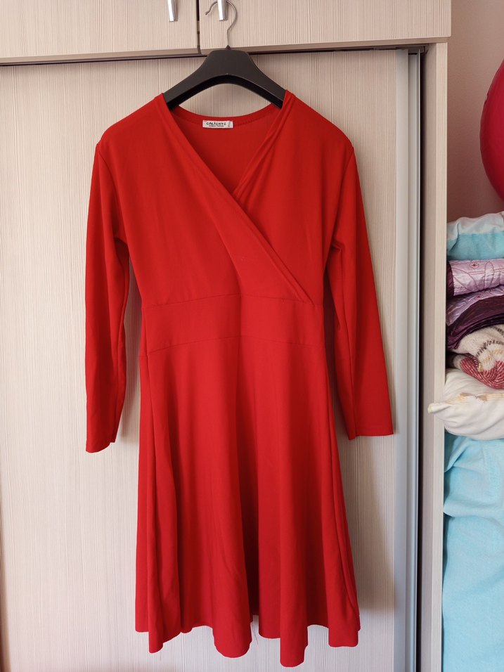 Kırmızı V Yaka Uzun Kollu Mini Elbise - Görsel 3