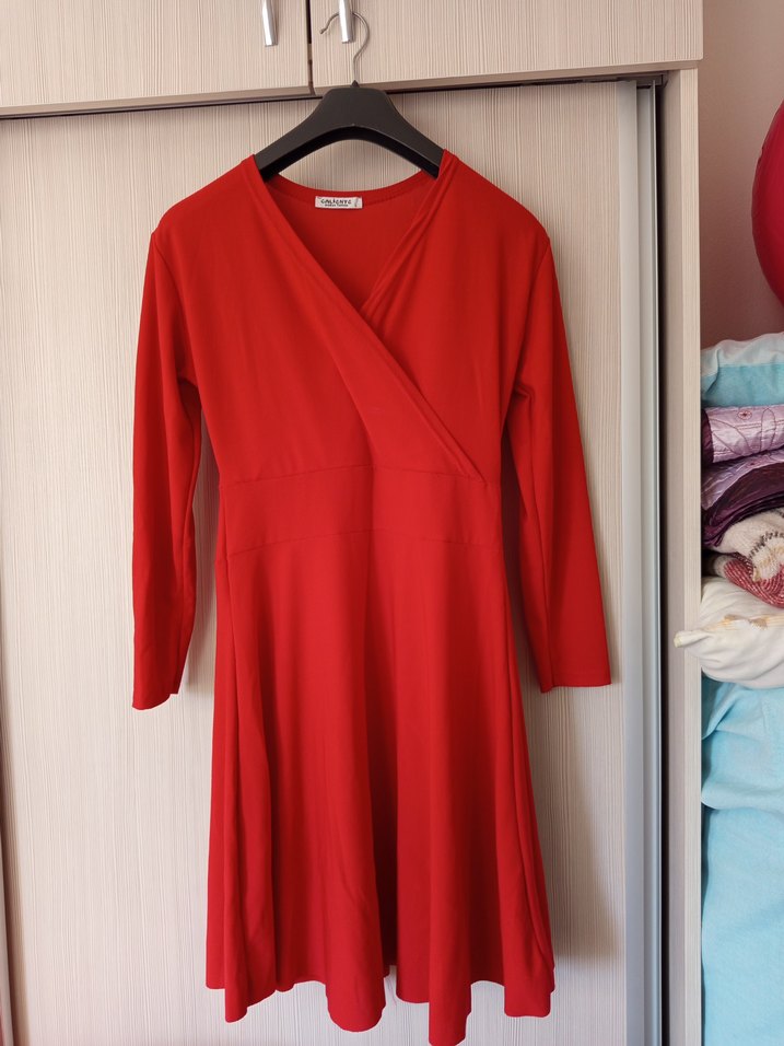 Kırmızı V Yaka Uzun Kollu Mini Elbise - Görsel 2