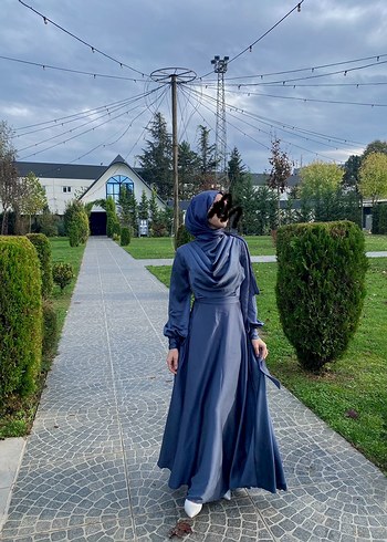 İndigo Mavi Saten Abiye 38 Beden Sıfır Ayarında