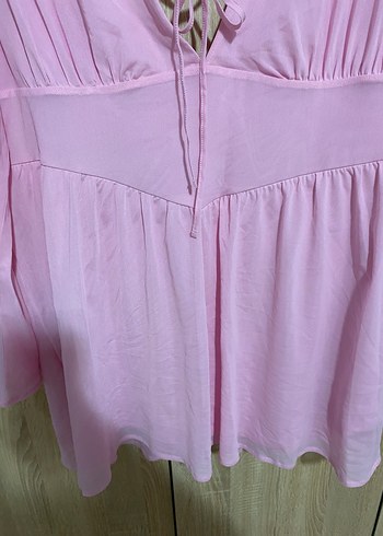 50 Beden pembe Renk Pembe V Yaka tül elbise
