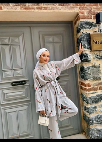 Uzun Gri Bağlamalı Kimono 38 44