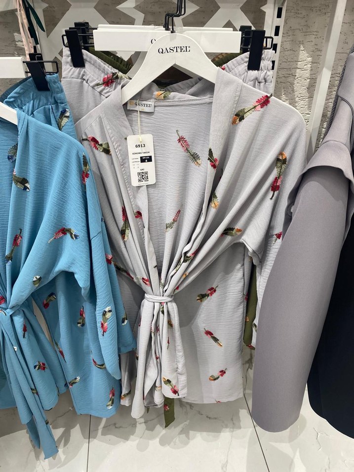 Uzun Gri Bağlamalı Kimono 38 44 - Görsel 4