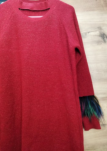 Renkli Tüylü Kırmızı Uzun Triko Tunik - Görsel 3