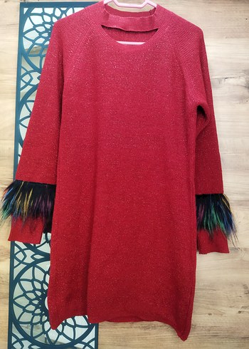 Renkli Tüylü Kırmızı Uzun Triko Tunik - Görsel 2