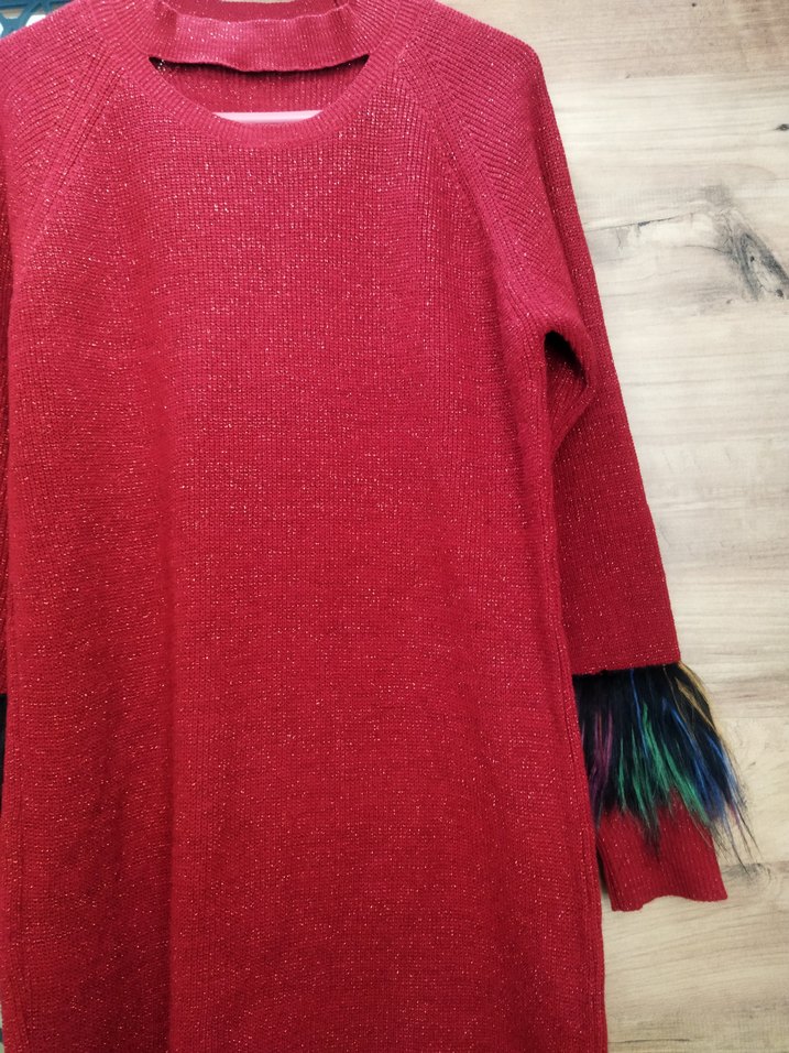 Renkli Tüylü Kırmızı Uzun Triko Tunik - Görsel 3