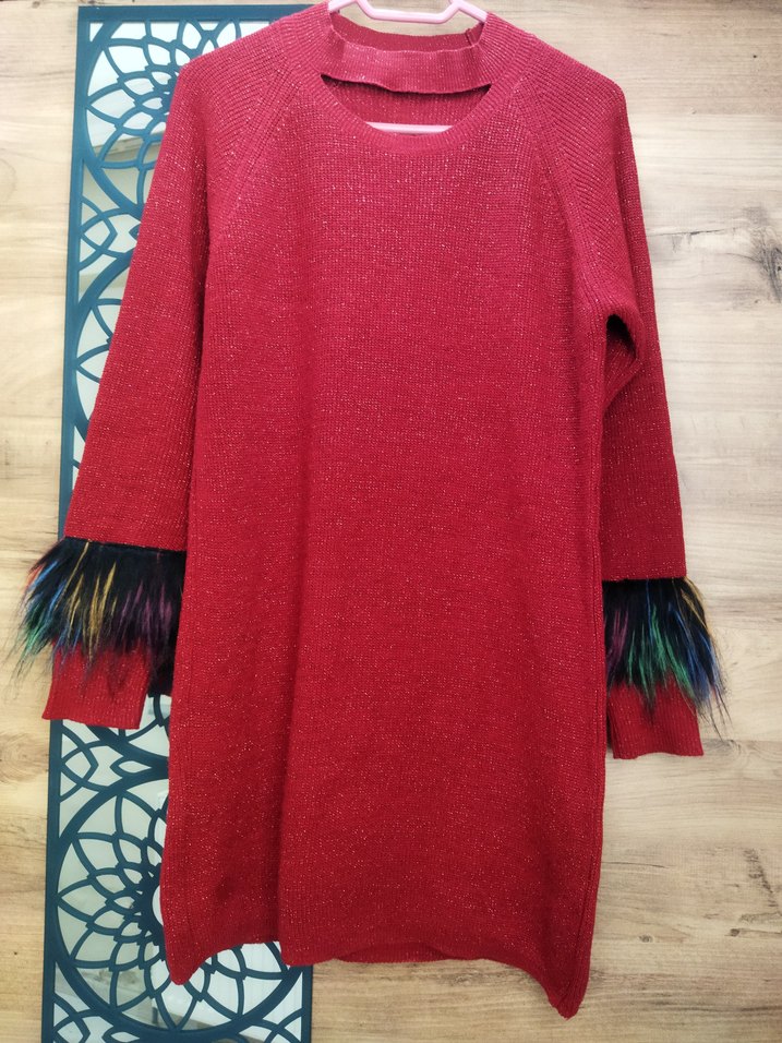 Renkli Tüylü Kırmızı Uzun Triko Tunik - Görsel 2