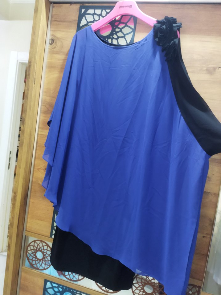 Uzun Kollu Asimetrik Mavi elbise - Görsel 2