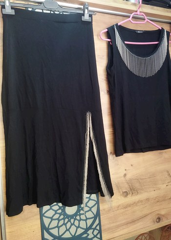 Zincir Detaylı Siyah Mini Kadın etek ve üst - Görsel 2