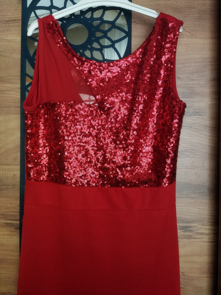 Kırmızı Drapeli Uzun Abiye Elbise - Görsel 2