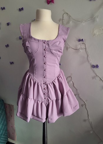 diğer Beden Lila Mini Kısa Elbise altı etek görünümlü şortlu elbise