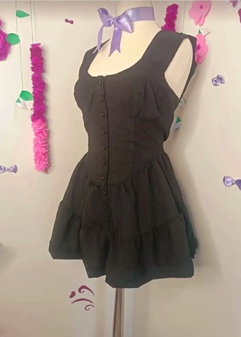 Diğer Düğmeli Siyah Mini Gotik Elbise şortlu
