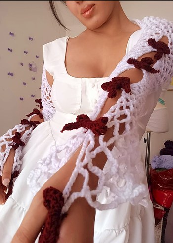 Dantel Detaylı Beyaz Örgü Kadın bolero Kurdele detaylı