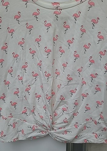 l Beden Beyaz Flamingo Baskılı Kısa Kollu Tişört