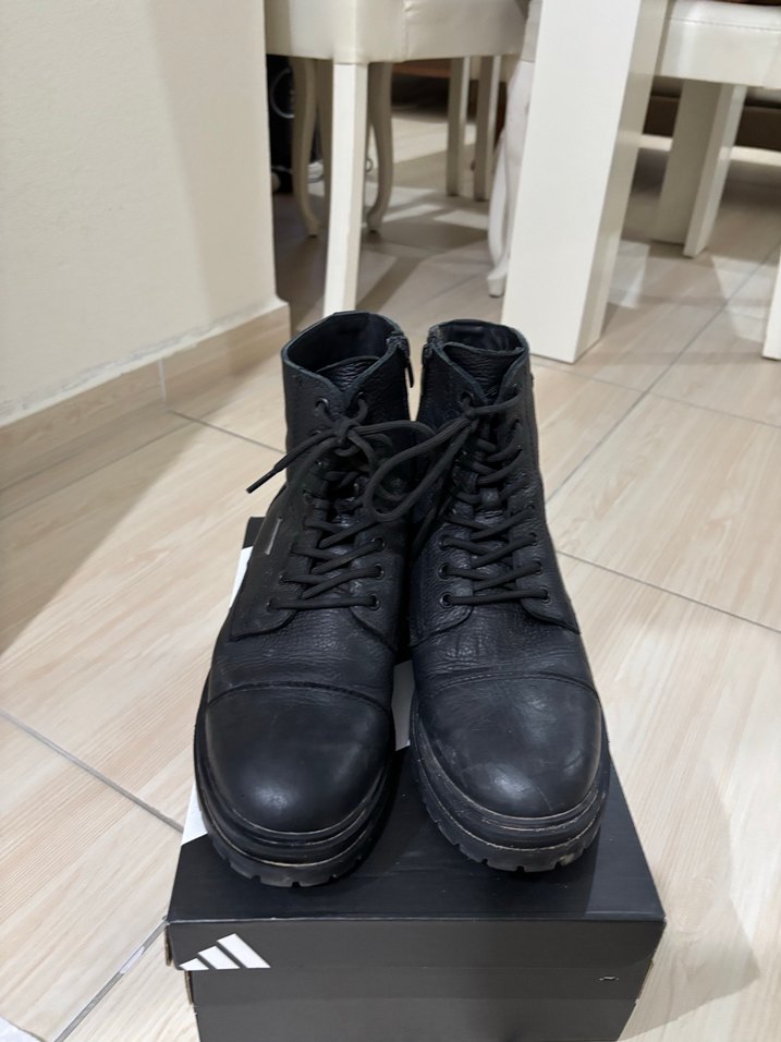 Siyah Deri Bağcıklı Erkek Street Style Bot - Görsel 2