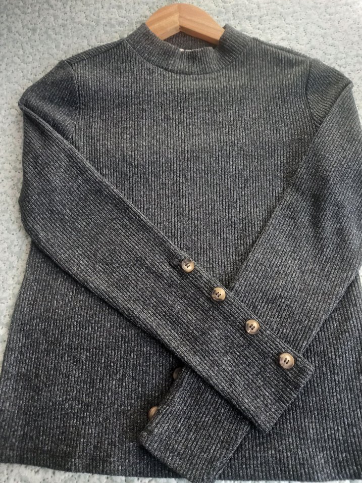 Oasis Düğmeli Gri Yüksek Yaka Kadın Kazak - Görsel 4