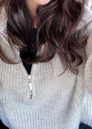 Bej Yarım Fermuarlı Örgü Kadın Kazak - Görsel 2