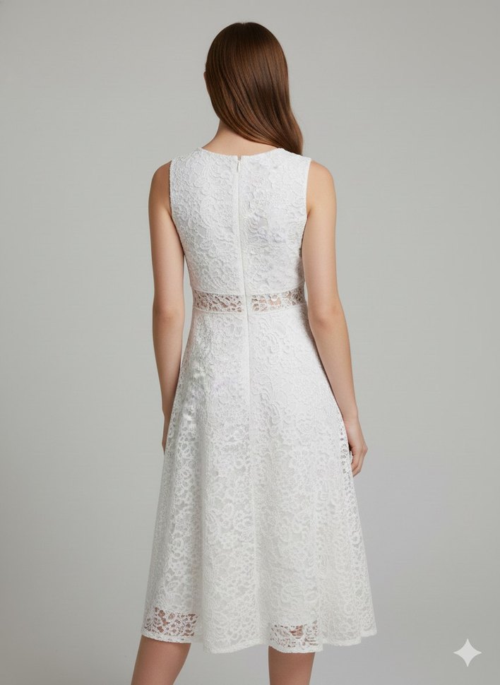 Beyaz Dantel Midi Kokteyl Elbisesi - Görsel 2