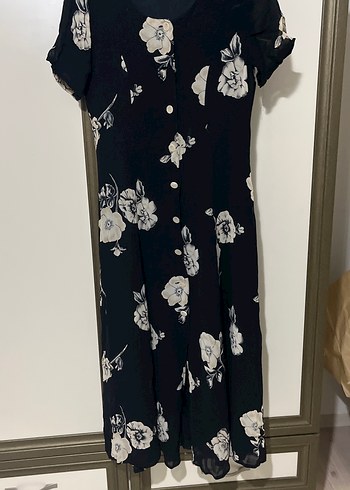 Düğmeli Vintage Siyah Çiçekli Uzun Elbise - Görsel 3