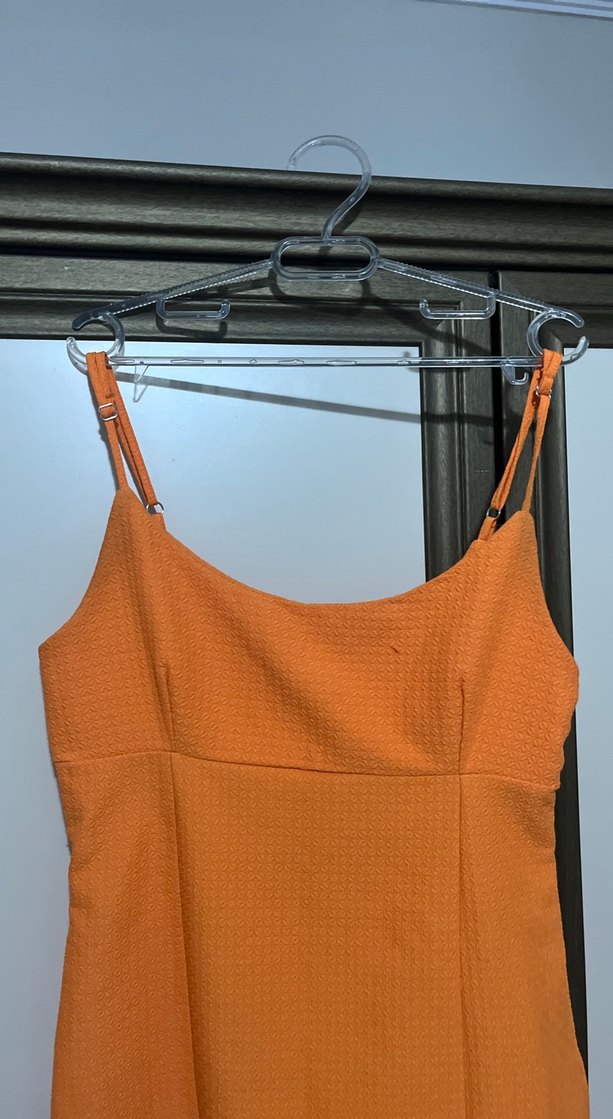 Parlak Turuncu İnce Askılı Mini Elbise - Görsel 3