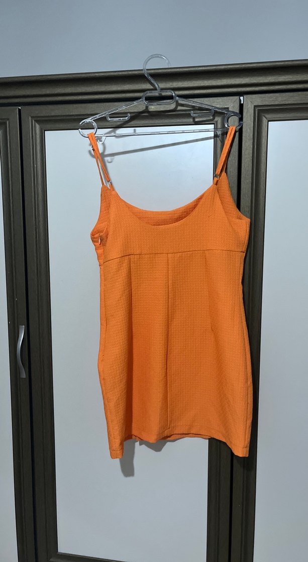 Parlak Turuncu İnce Askılı Mini Elbise - Görsel 4