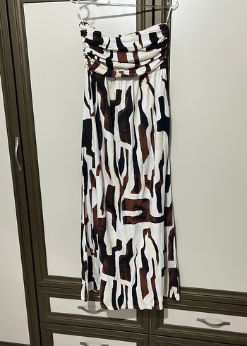 Kahverengi Drapeli Straplez Uzun Elbise - Görsel 4