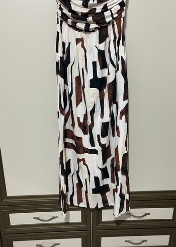 Kahverengi Drapeli Straplez Uzun Elbise - Görsel 3