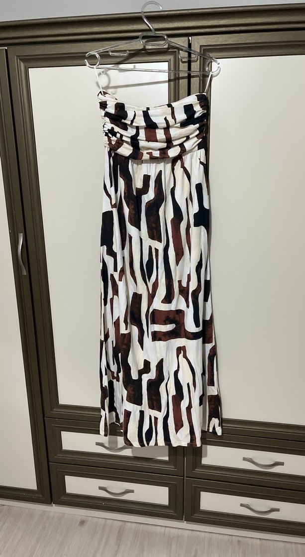 Kahverengi Drapeli Straplez Uzun Elbise - Görsel 4