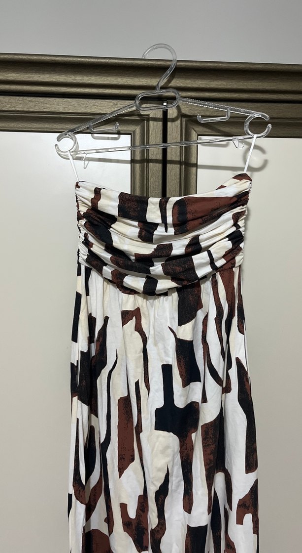 Kahverengi Drapeli Straplez Uzun Elbise - Görsel 2