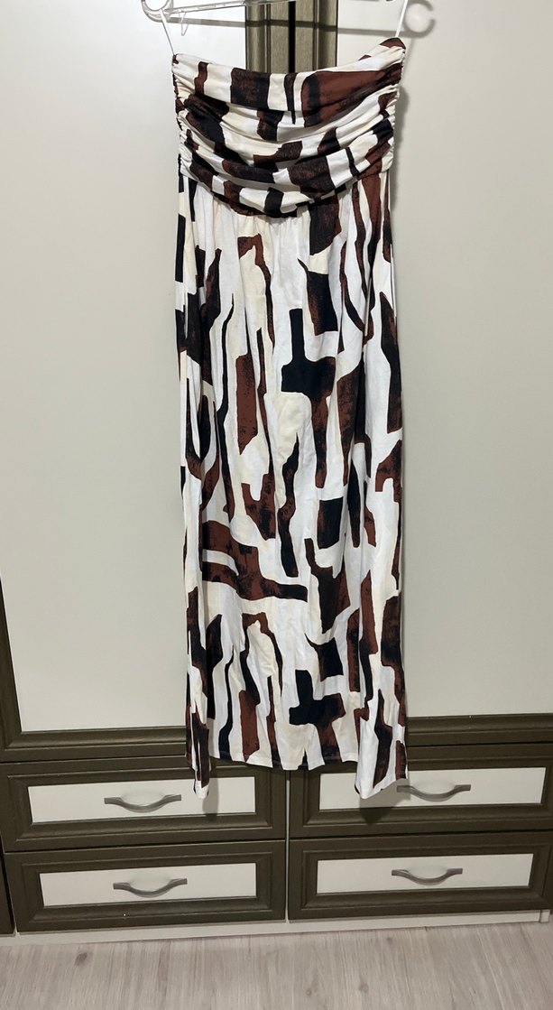 Kahverengi Drapeli Straplez Uzun Elbise - Görsel 3