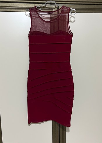 Bordo Mini  Pilili Kadın Elbise - Görsel 3