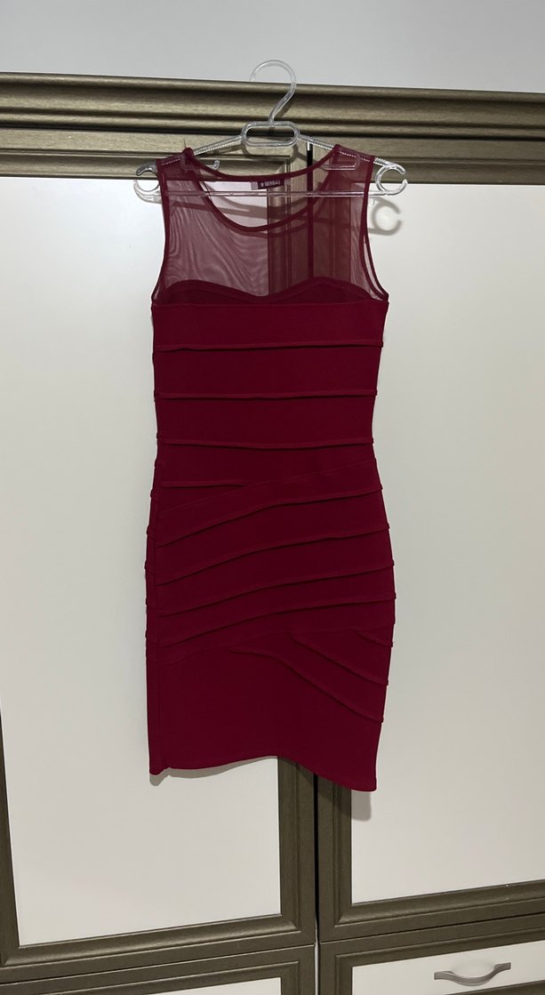 Bordo Mini  Pilili Kadın Elbise - Görsel 3