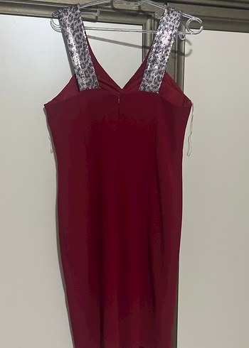 Bordo V Yaka diz üstü Abiye Elbise - Görsel 4