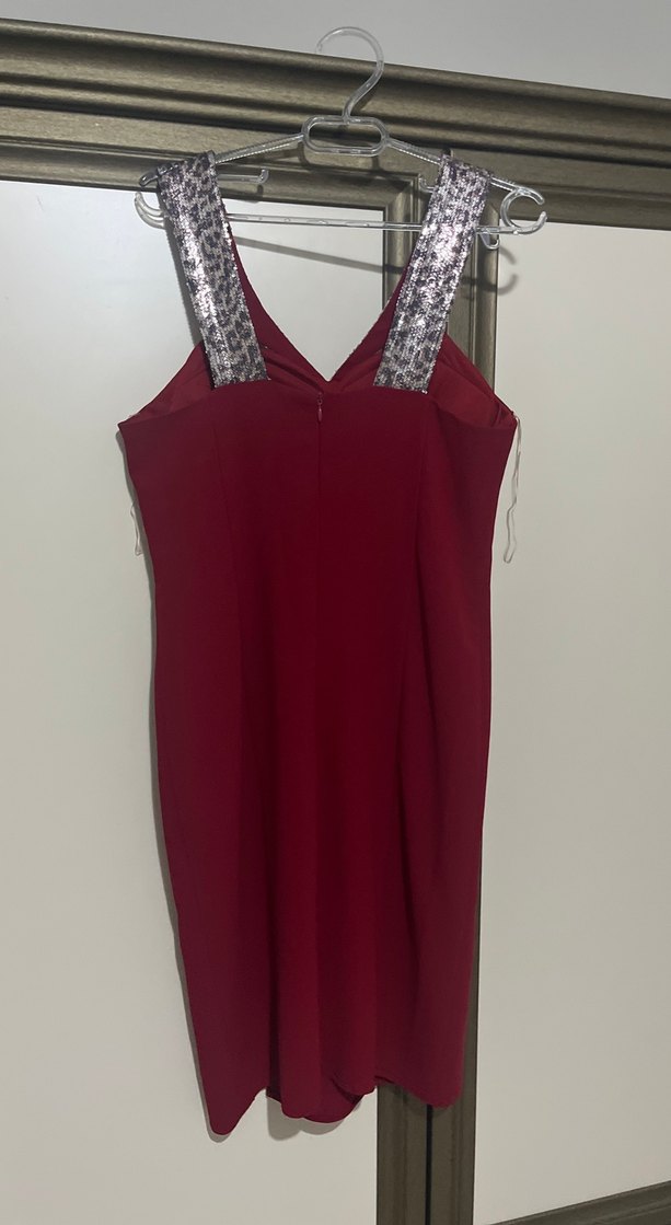 Bordo V Yaka diz üstü Abiye Elbise - Görsel 4