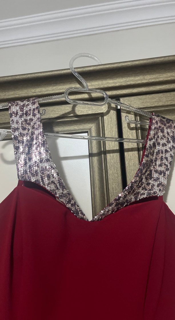 Bordo V Yaka diz üstü Abiye Elbise - Görsel 3