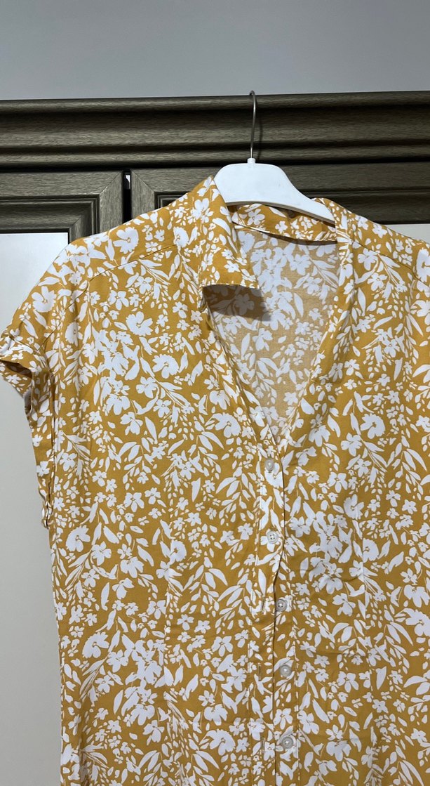 Sarı V Yaka Midi Salaş Elbise - Görsel 2