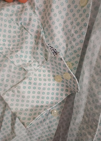 Su yeşili ve lacivert desenli Erkek Keten Gömlek - Görsel 3