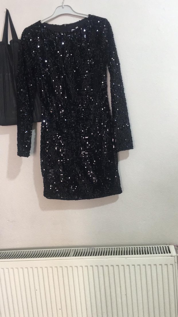 Siyah Payet uzun kollu mini elbise - Görsel 2