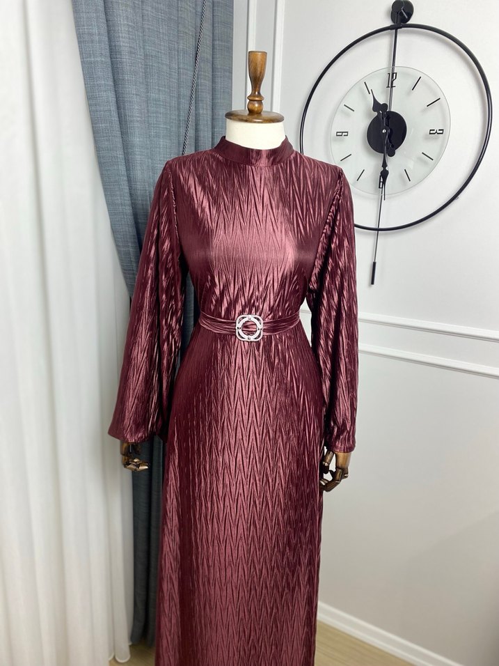 Bordo İspanyol Kollu Kadın Abiye Elbise - Görsel 2