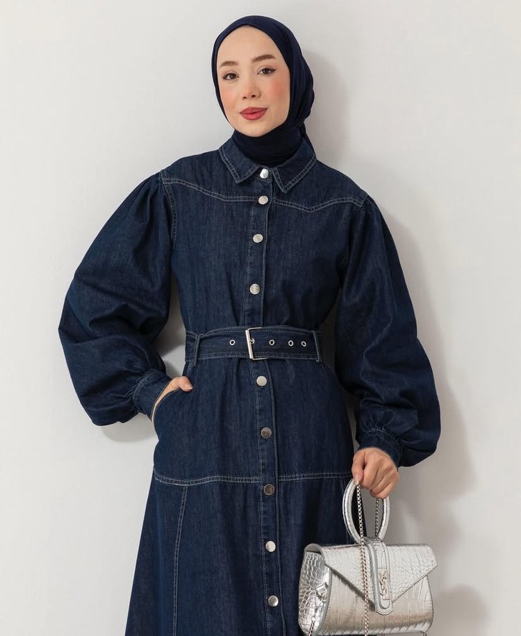 Kadın Lacivert Kot Uzun Elbise - Görsel 2