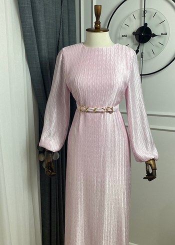 Pudra Renkli saten Uzun Abiye Elbise - Görsel 2