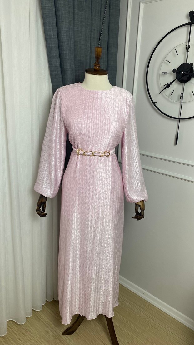 Pudra Renkli saten Uzun Abiye Elbise - Görsel 3